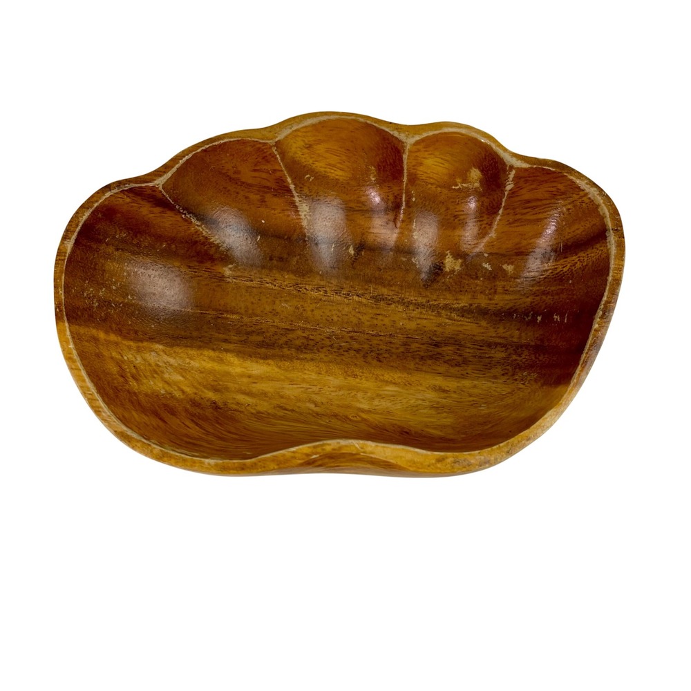 Vintage Hand Carved Scalloped Wood Shell Bowl Mid Century Modern Catchall 6.5in